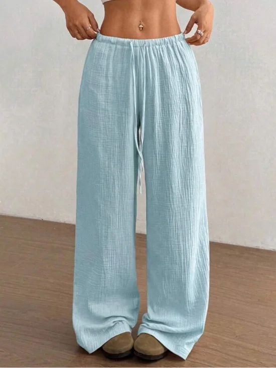 100% cotton textured drawstring pants light blue summer beach pants low rise - Picture 2 of 4